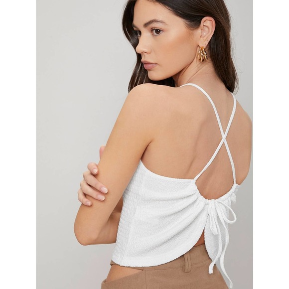 ruched SMOCKED DRAWSTRING backless CAMI crop TOP black - Picture 10 of 11